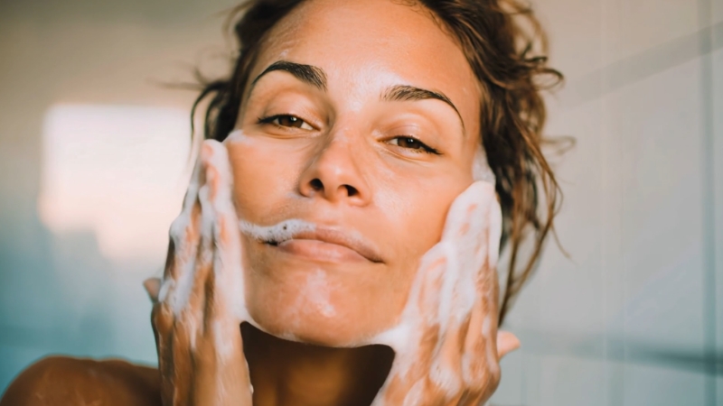 Žena čisti lice umivalicom