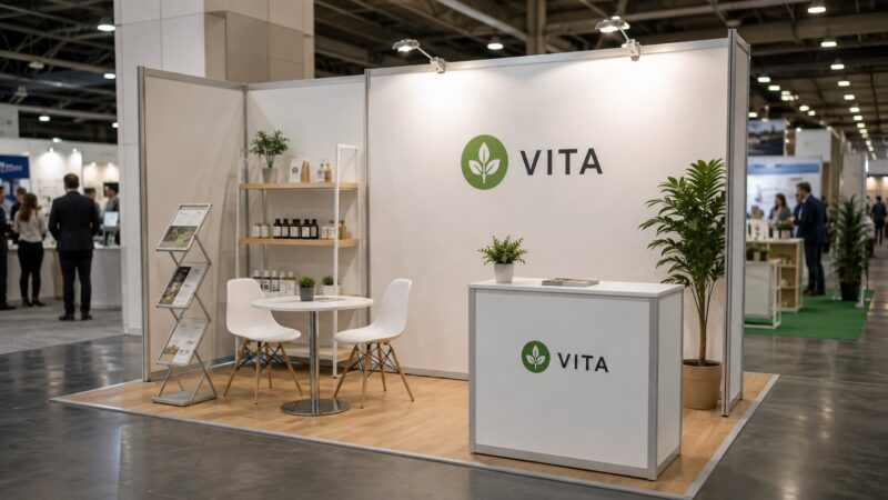 Sajamski štand brenda Vita sa istaknutim zelenim logotipom, proizvodima, katalozima i prostorom za razgovor