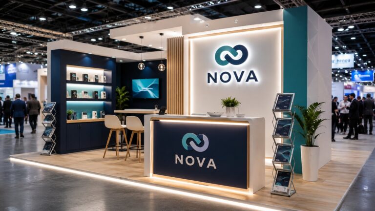Moderan promotivni štand kompanije Nova sa istaknutim logotipom, izloženim proizvodima i policama sa katalozima